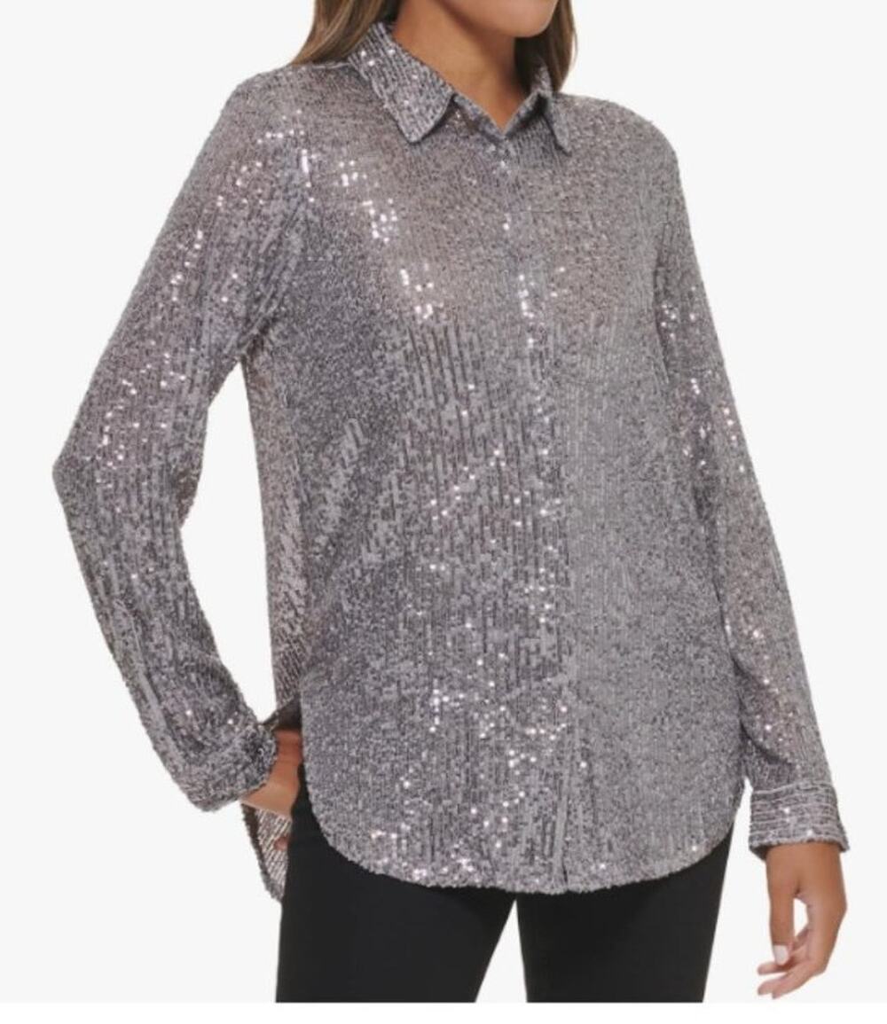 New ~ NY COLLECTION ~  Sparkly Tunic Long Sleeve Sequin Mesh Blouse Size M